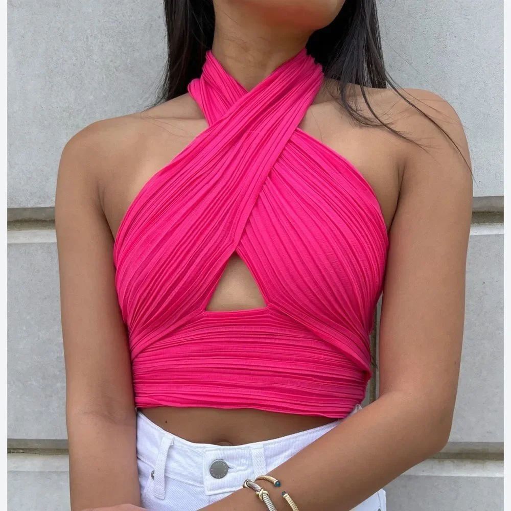 NEW Do+Be Hot Pink Pleated Halter Crop Top Tie Back Women’s Medium